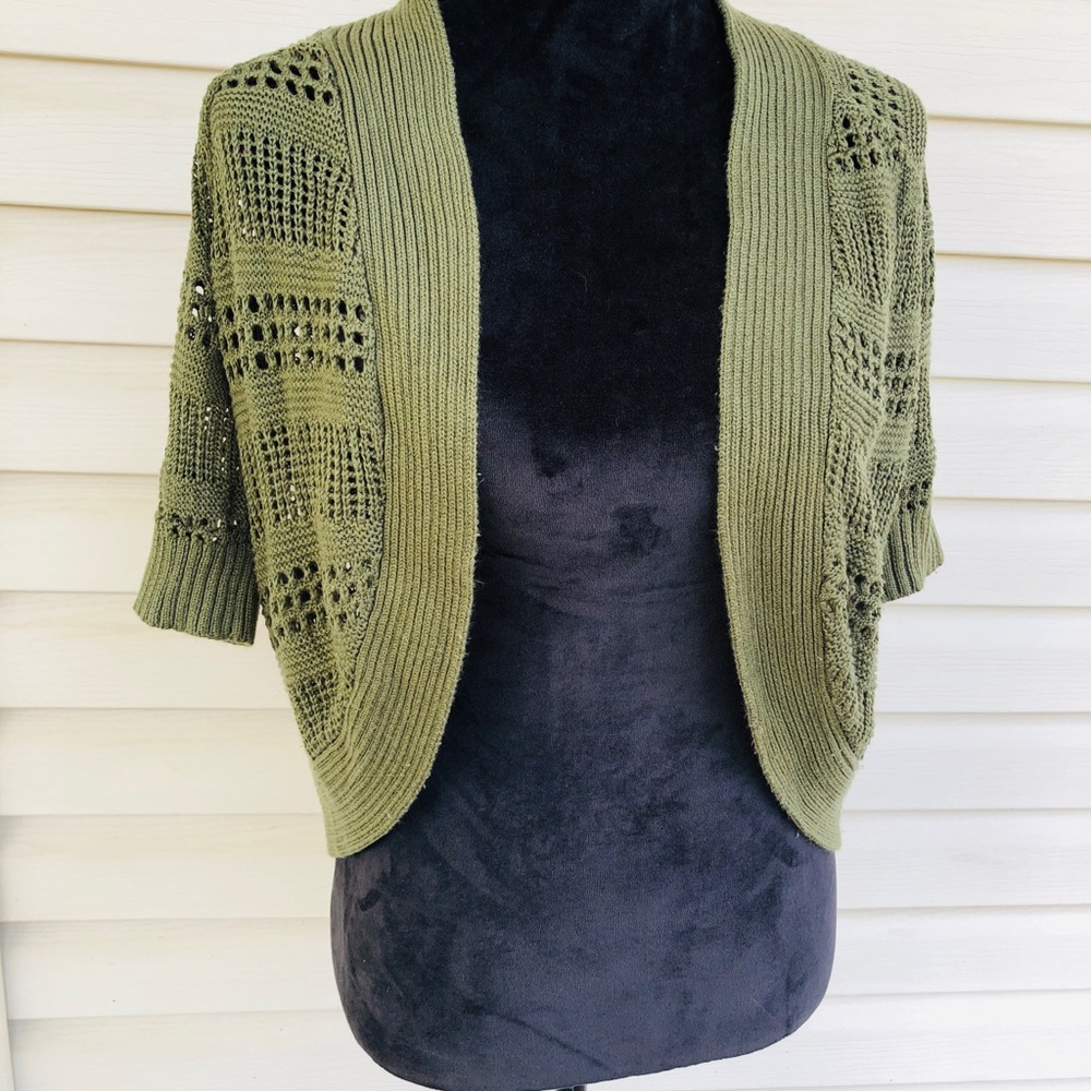 Liz Claiborne Moss Green Open Crochet Cardigan Sweater